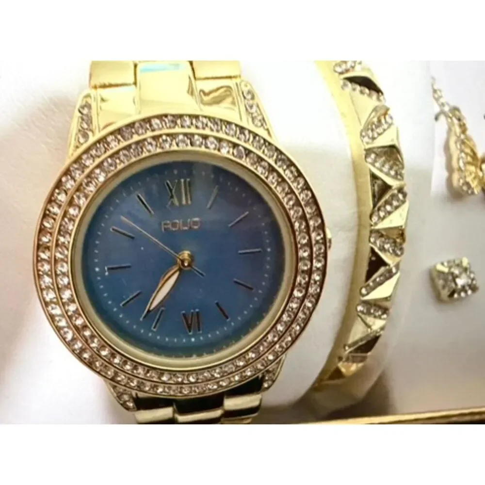 Folio Ladies' Three-Hand Gold-Tone Watch bracelet, necklace and earrings